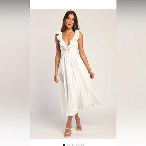 Lulus - Sicilian Sun White Eyelet Embroidered Ruffled Lace-Up Midi Dress. Size M